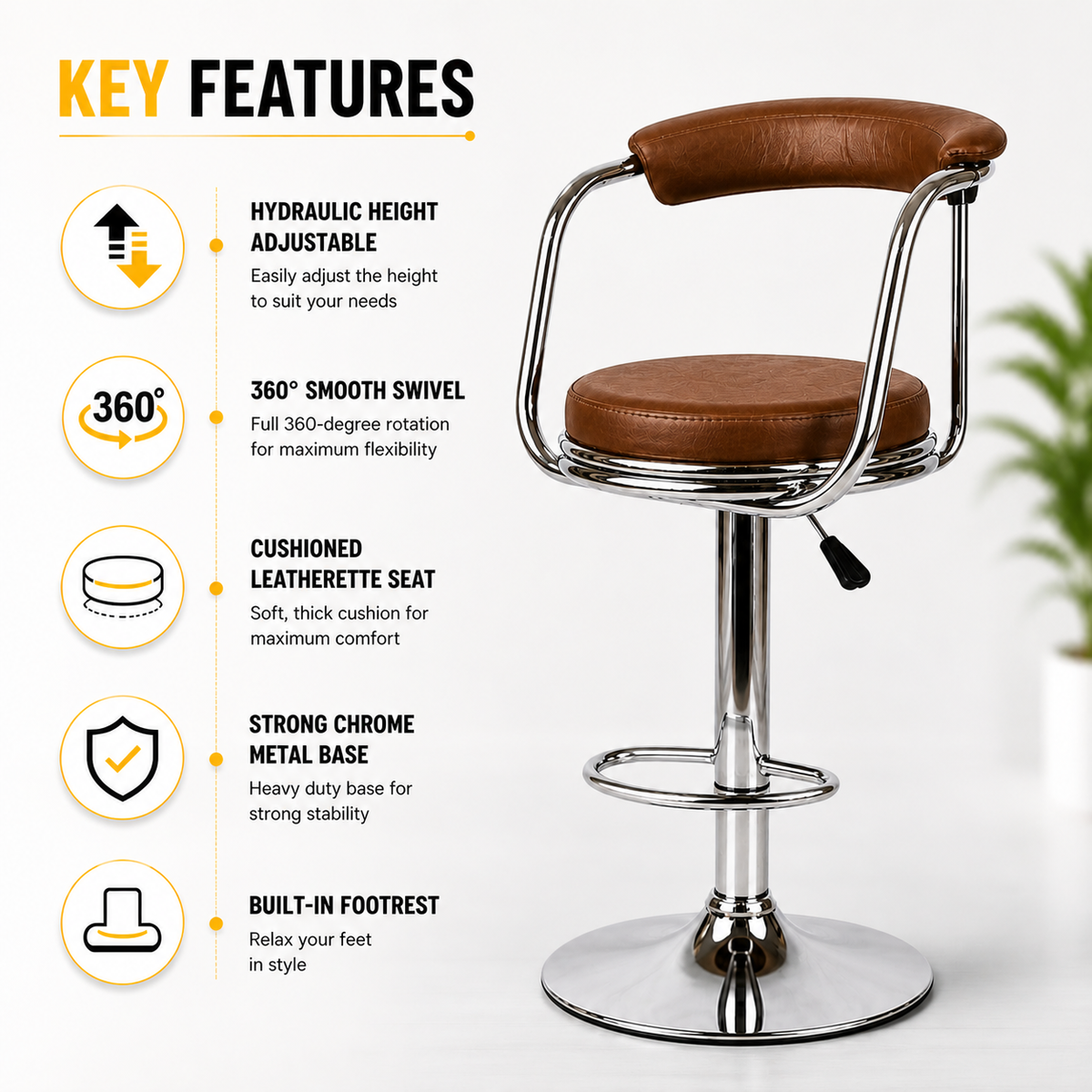 Lexus Bar Stool with Backrest & Armrest | 360° Swivel Counter | Suitable for Kitchen, Cafe, Home Bar Seating