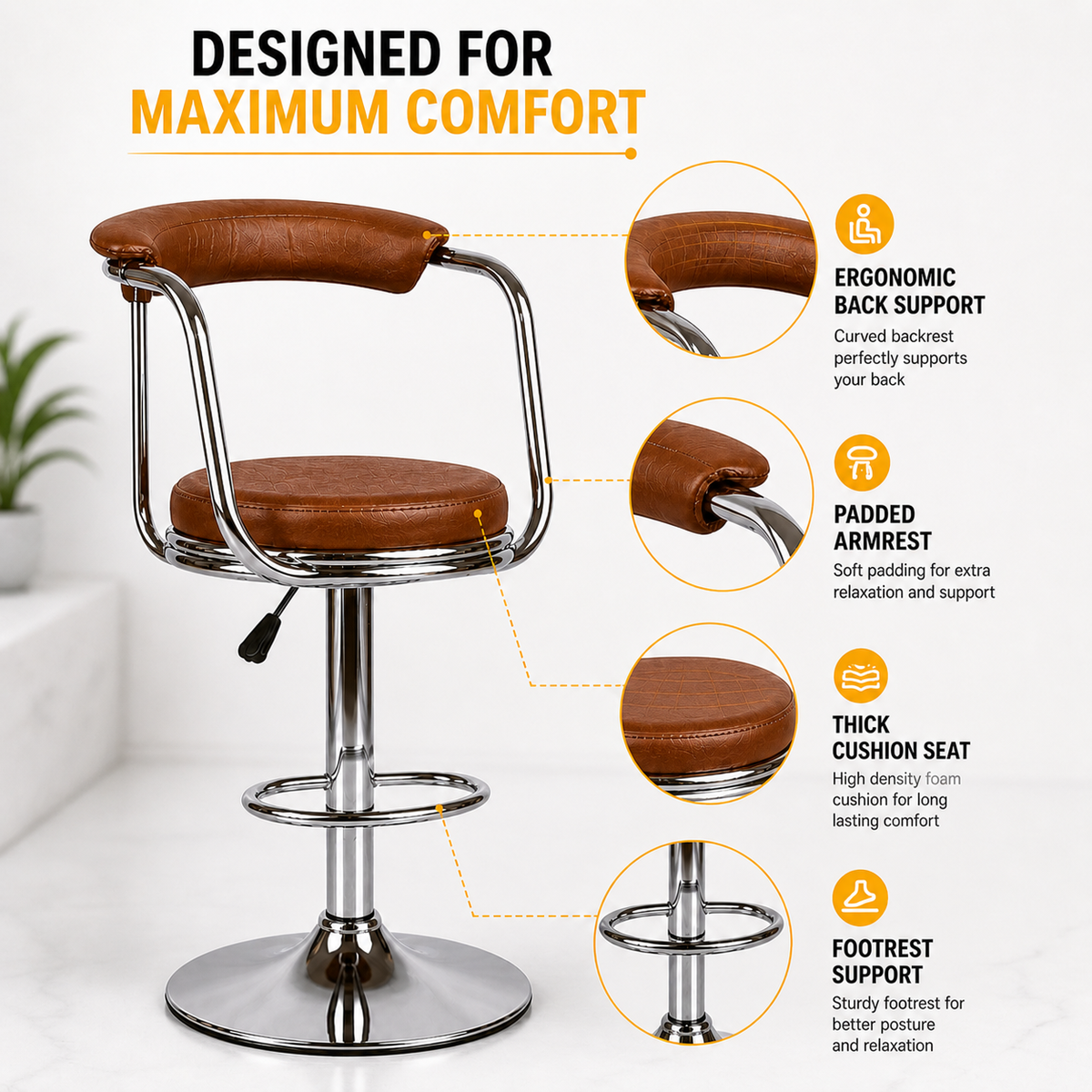 Lexus Bar Stool with Backrest & Armrest | 360° Swivel Counter | Suitable for Kitchen, Cafe, Home Bar Seating
