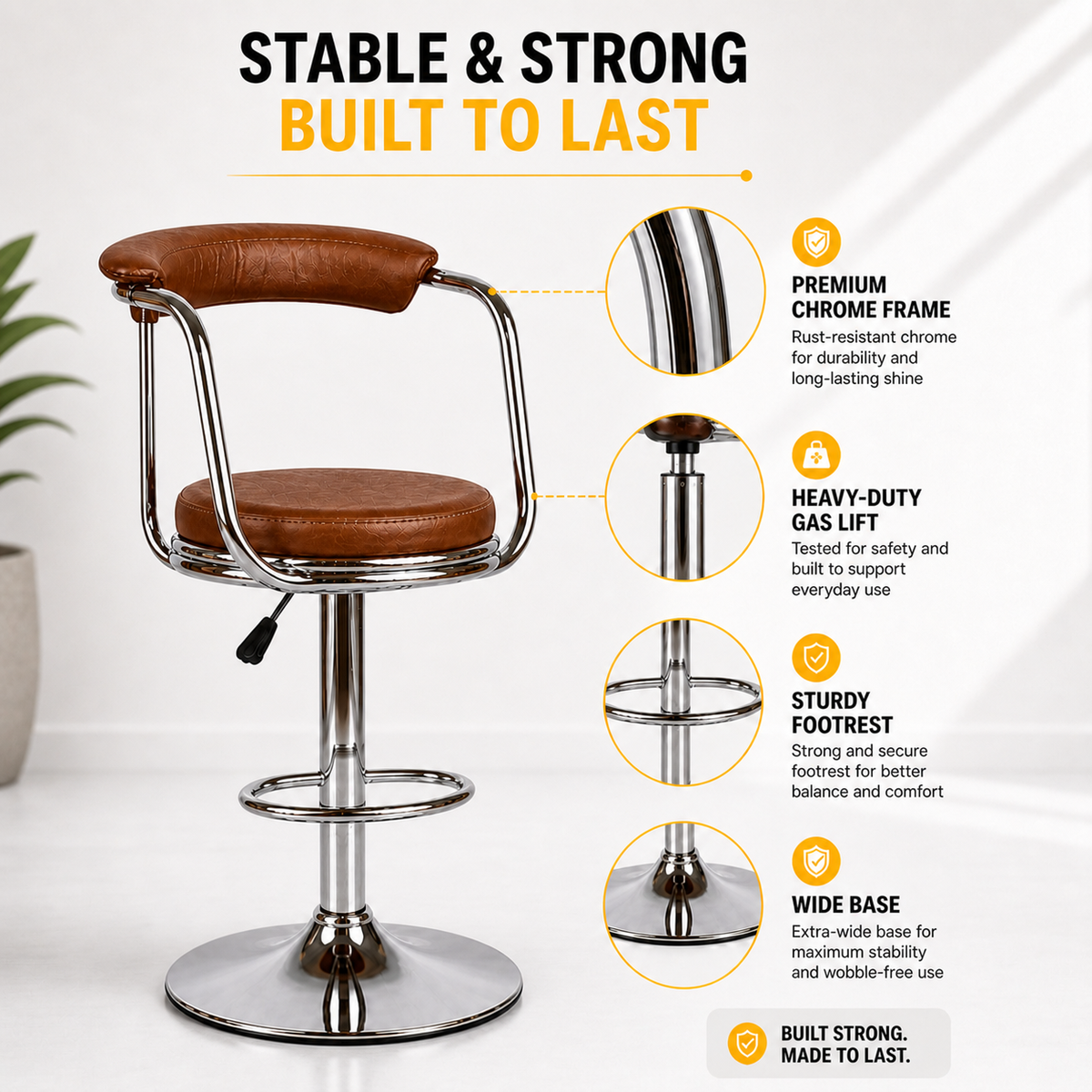 Lexus Bar Stool with Backrest & Armrest | 360° Swivel Counter | Suitable for Kitchen, Cafe, Home Bar Seating
