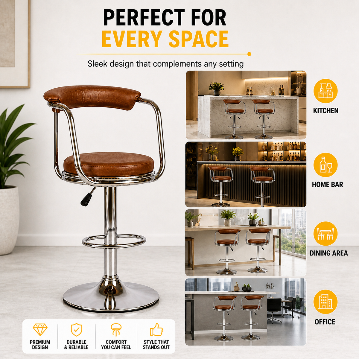 Lexus Bar Stool with Backrest & Armrest | 360° Swivel Counter | Suitable for Kitchen, Cafe, Home Bar Seating