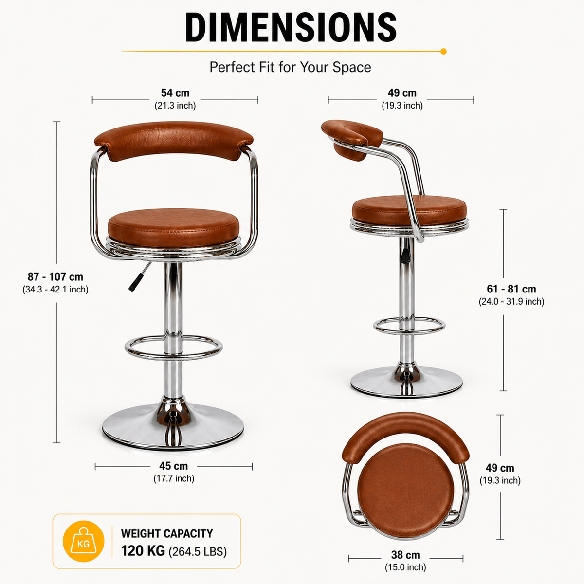Lexus Bar Stool with Backrest & Armrest | 360° Swivel Counter | Suitable for Kitchen, Cafe, Home Bar Seating